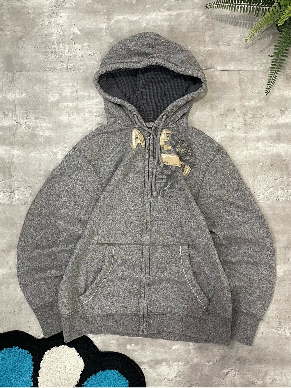 American Eagle Vintage Fit Grey Graphic Zip Up Hoodie Mens X-Large XL Y2K